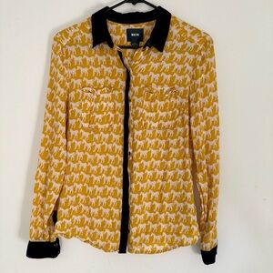 Anthropologie Maeve Yellow Horse Bagatelle Button Down Blouse Black Collar Trim